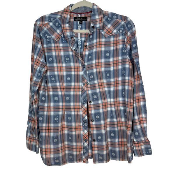 North River pink and blue plaid pearl snap with raw edges - medium - Picture 1 of 6